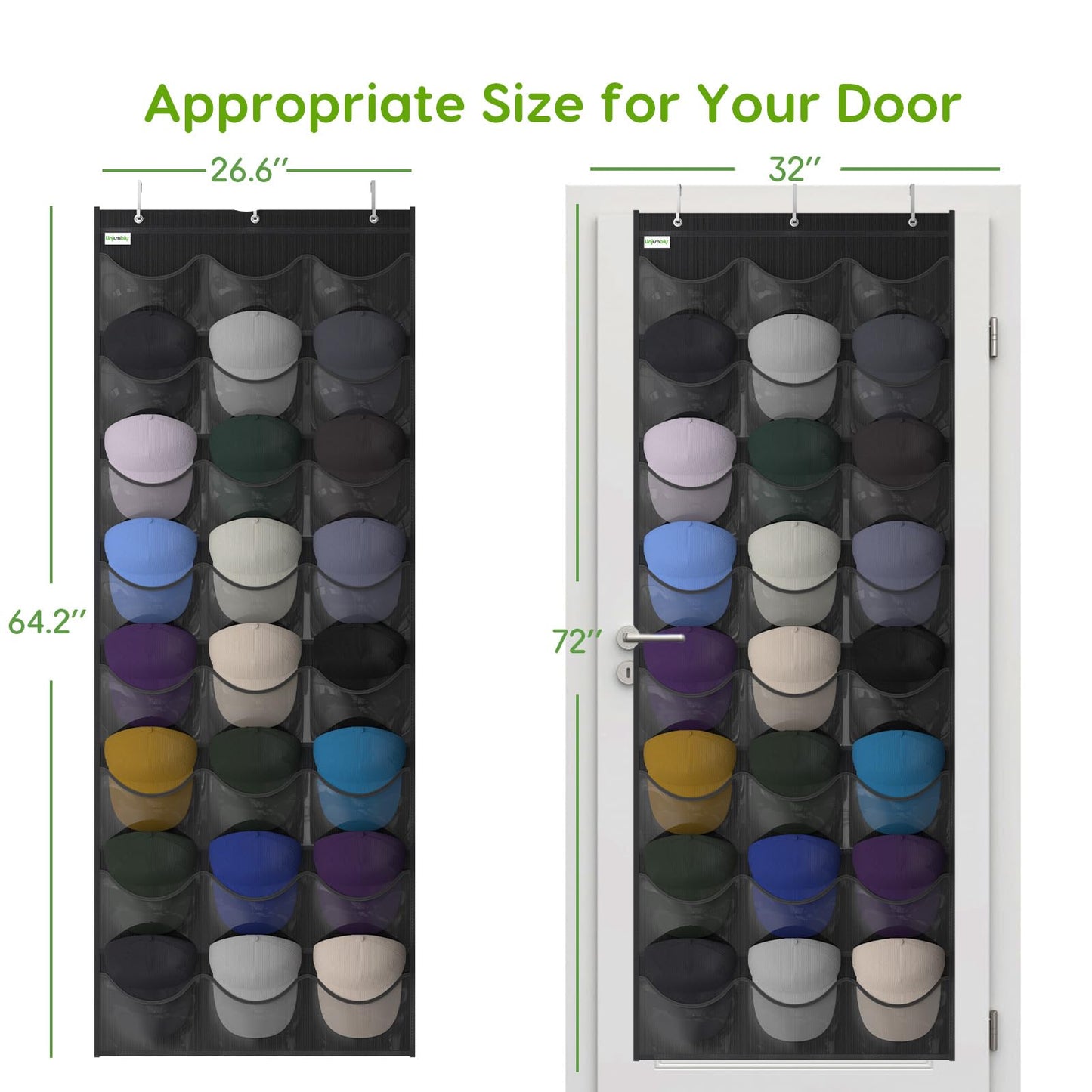 Unjumbly Baseball Hat Rack, 24 Pocket Over-The-Door Hat Organizer with Clear Deep Pockets to Display Baseball Caps Collection, Complete with 3 Over Door Hooks (Black, 24 Pockets)