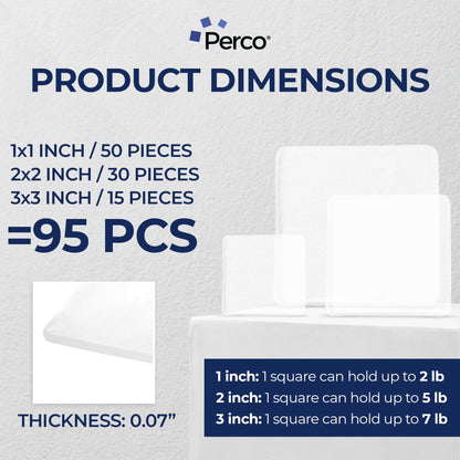 Perco Double Sided Tape Squares, Clear Nano Tape, 95 Pre-Cut Mounting Squares – 50 1"x1", 30 2"x2", 15 3"x3" – Multi-Size Adhesive for Wall Décor, Crafts, DIY, Office, Home Use, Multi-Purpose Projects