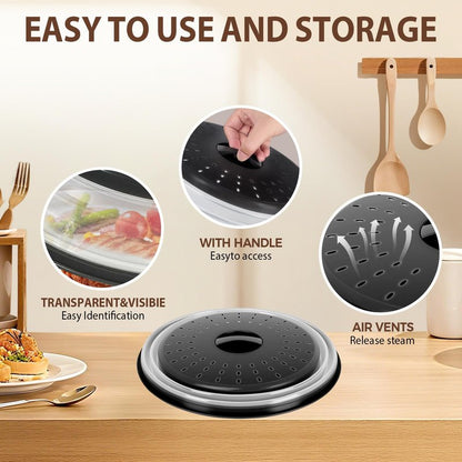 WENWELL 12 Inchs Microwave Splatter Cover & Silicone Mat, Large Vented Collapsible Guard dish Plate lid & Round Kitchen mat for food