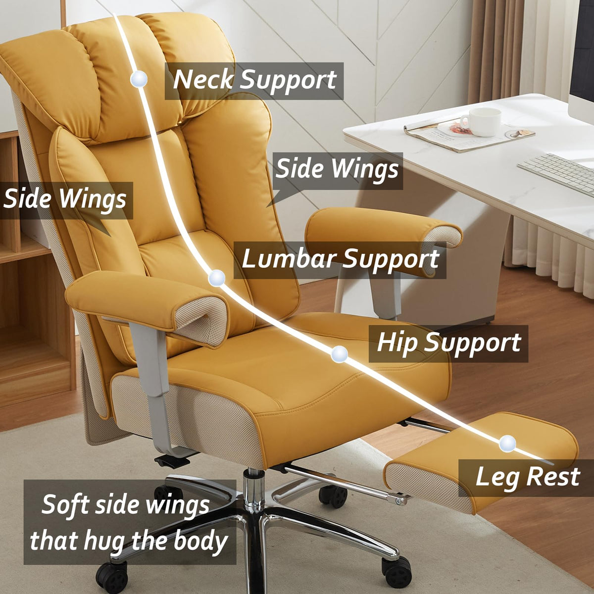 Efomao Big and Tall Green Office Chair 450LBS – Ergonomic High-Back Executive Chair with Footrest, Adjustable Padded Armrests, PU Leather Computer Chair with Lumbar Support for Home or Office, Yellow