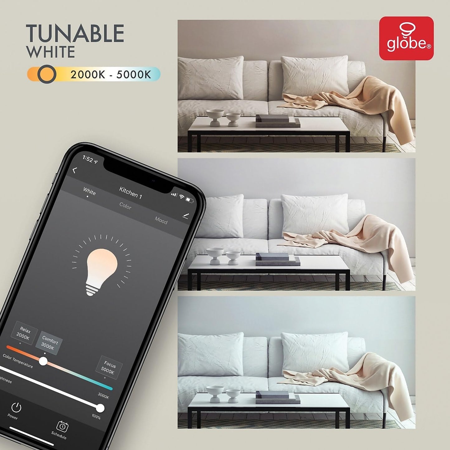 GLOBE Electric 34919 Wi-Fi Smart 5.5W (60W Equivalent) Straight Filament Tunable White Amber Glass LED Light Bulb, No Hub Required, Voice Activated, 2000K - 5000K, Vintage Edison Style, 500 Lumns