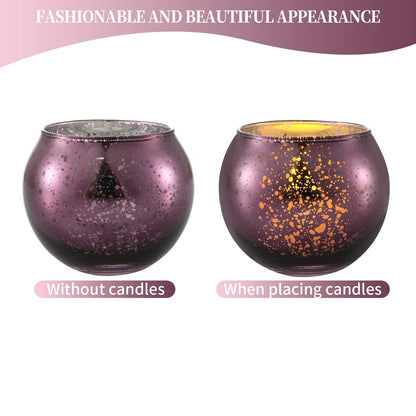 DerBlue 16Pcs Round Mercury Glass Votive Candle Holders for Wedding Centerpieces, Valentines Dinner, Garden Tub and Any Theme Events (Purple)