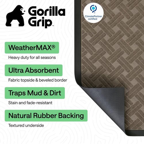 GORILLA GRIP Waterproof All-Season WeatherMAX Doormat - 35x23 Natural Rubber, Stain & Fade Resistant, Easy Clean Taupe
