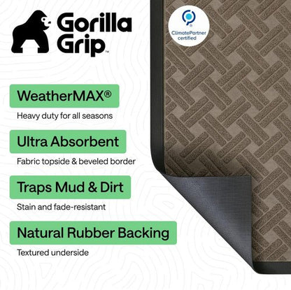 GORILLA GRIP Waterproof All-Season WeatherMAX Doormat - 35x23 Natural Rubber, Stain & Fade Resistant, Easy Clean Taupe