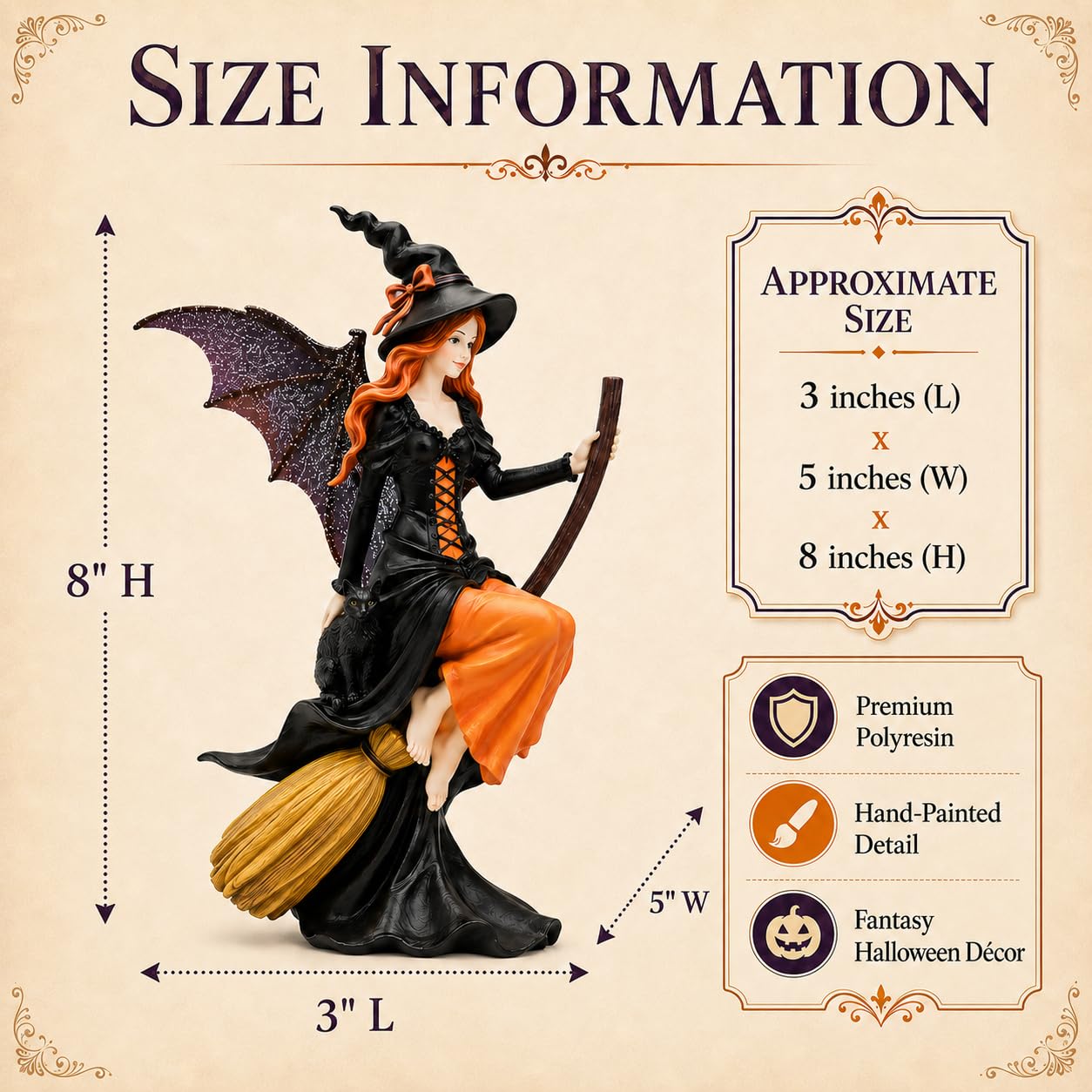 Comfy Hour 8" Gothic Fairy Witch Figurine on Broom, Fantasy Sorceress Statue with Mystical Wings, Spooky Halloween Indoor Decor Accent, Polyresin Artisan Crafted Sculpture, 1 Unit