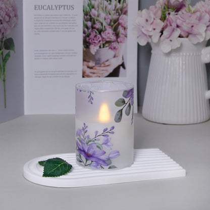 Mavandes Flameless Flickering Glass Candles with Remote and Timer,Purple Flowers LED Battery Operated Real Wax Set of 3 Realistic Wick Electric Pillar Candles,Warm Fire(3 x 4, 5, 6 Inches)