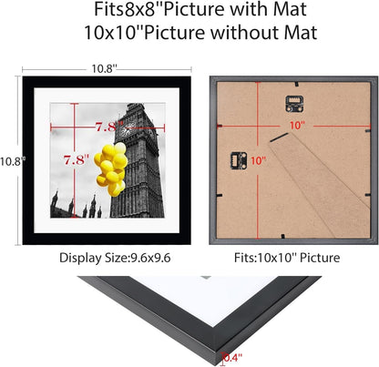 BSRHOME 10x10 Picture Frame Set of 9, Display Pictures 8x8 with Mat or 10x10 without Mat, Multi Collage Gallery Square Photo Frames for Wall or Tabletop,Black