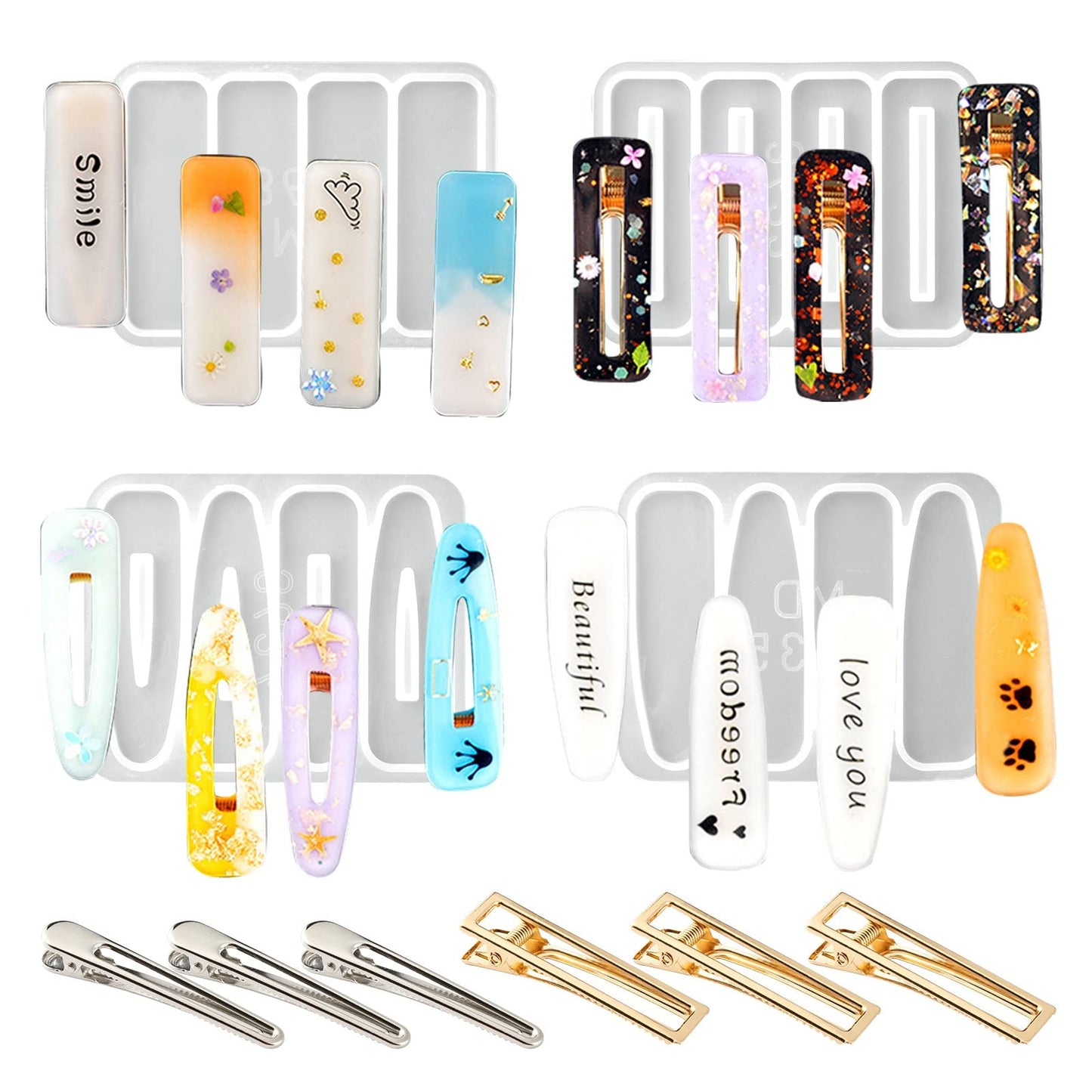 BEEFLYING 24 Pcs Hair Clip Silicone Molds Kit with 4Pcs Cute Colorful Casting Resin Molds 20Pcs Hairpin for Women DIY Epoxy Resin Hair Pins Jewelry
