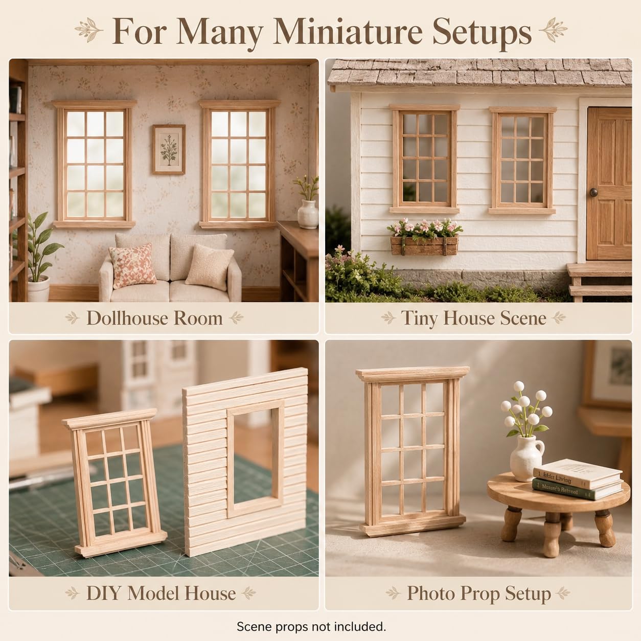 Wooden Window Dollhouse Furniture: 2Pcs Mini Windows 1: 12 Scale Miniature Accessories Tiny Window Frame Model Dolls Houses Playhouse Ornaments