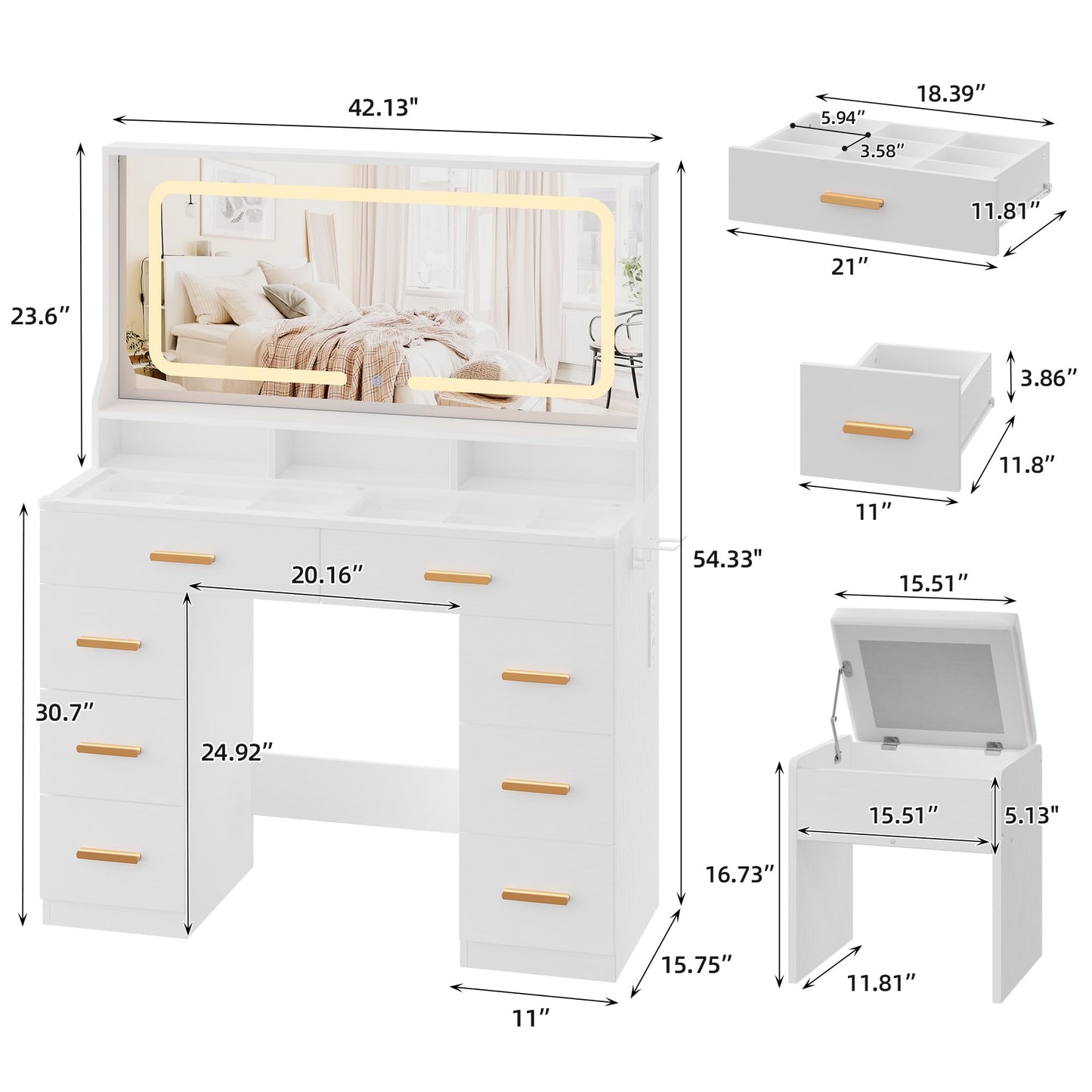 MilleLoom Vanity Desk with Large Mirror & Lights, Makeup Vanity Desk with 8 Drawers & 3 Storage Shelves, Makeup Vanity Table Set with Transparent Glass Top, Stool & Power Outlet for Bedroom, White