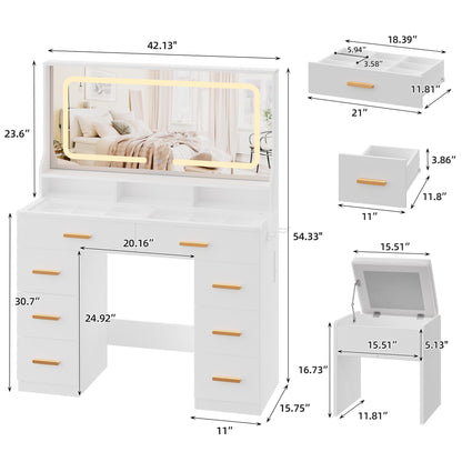 MilleLoom Vanity Desk with Large Mirror & Lights, Makeup Vanity Desk with 8 Drawers & 3 Storage Shelves, Makeup Vanity Table Set with Transparent Glass Top, Stool & Power Outlet for Bedroom, White