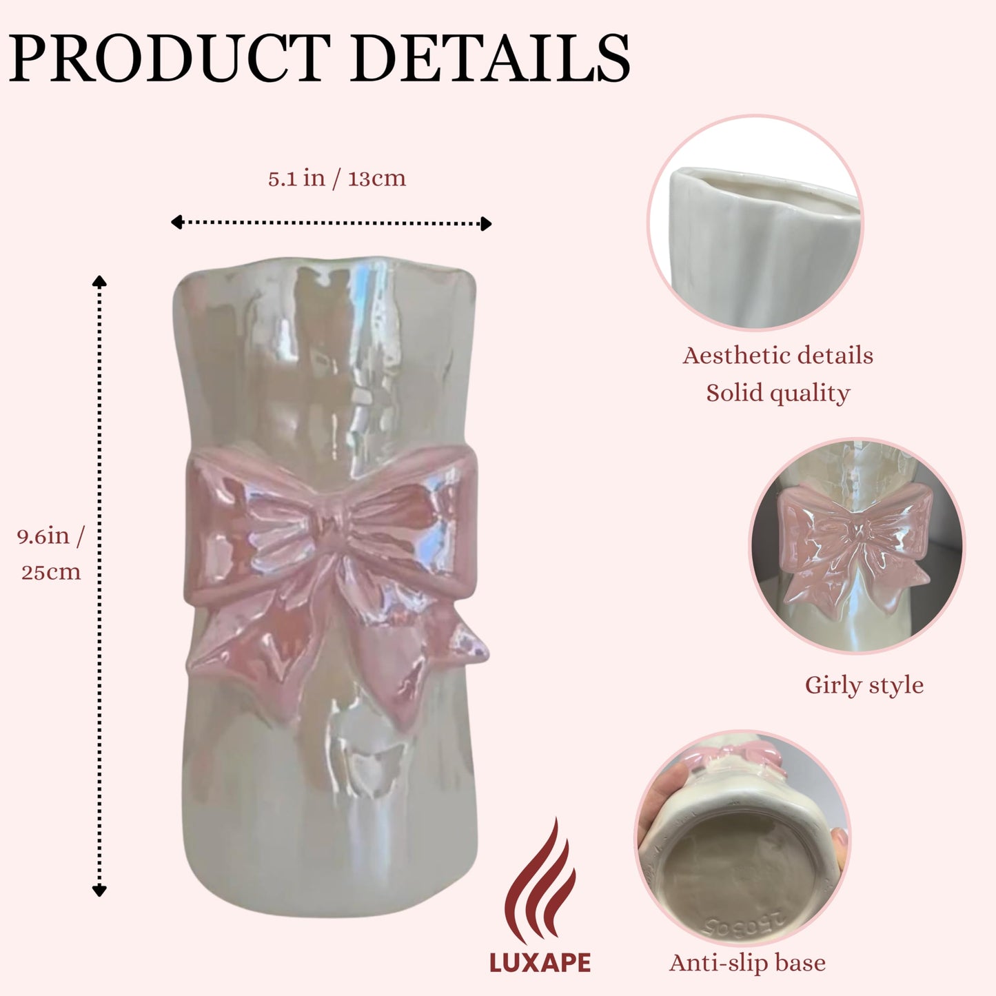 Bow Flower vase, Bow vase for Flowers, Pink Bow Ceramic Vase – Cute Vase with Shiny Glaze, Modern vase Decor (Pink Bow)