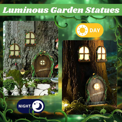 NOVYQREN Miniature Fairy Door and Windows Garden Kit Accessories,Glow in The Dark Fairy Door Windows Yard Art Sculpture Decoration Garden Decor(Wood)