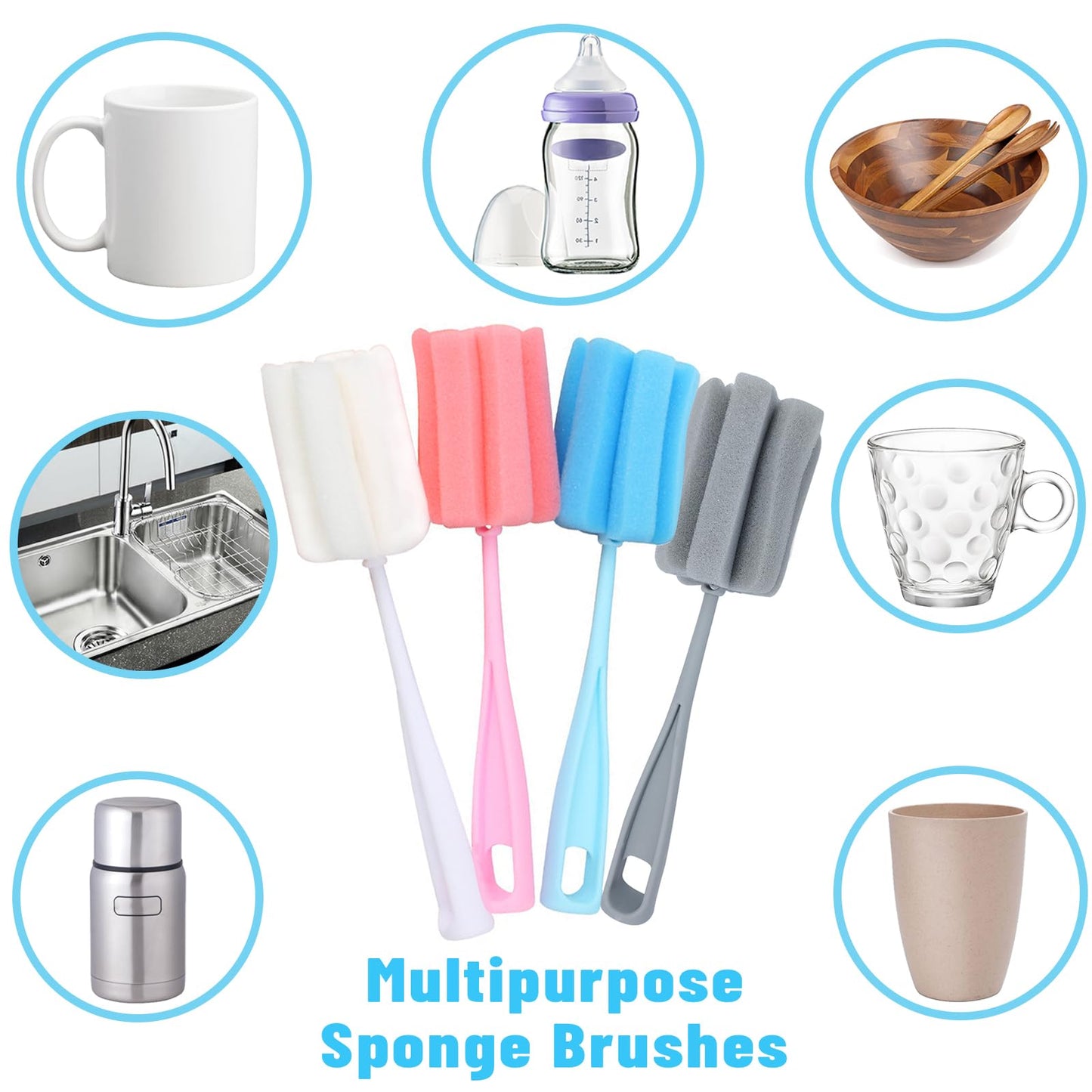 Bottle Brush Sponge 8PCS Cup Washer Brush Long Handle Cleaner Brush for Baby Bottle Glasswares Mugs Cups Kitchen Clean (8 PCS)