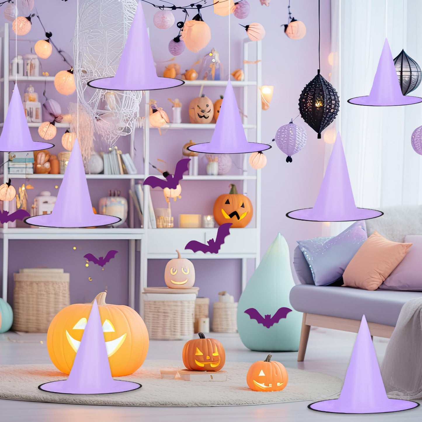 Whaline 14Pcs Halloween Purple Witch Hats with 109 Yard Hanging Rope 32Pcs 3D Bat Stickers Hanging Witch Caps for Home Garden Yard Lawn Decoration