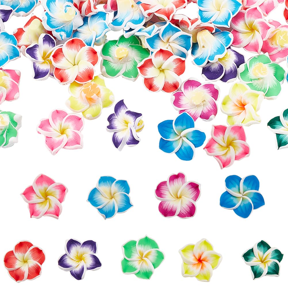 SUNNYCLUE 60Pcs Hawaii Flower Beads Plumeria Beads Bulk Large Floral Flowers 20x10mm Charms Handmade Polymer Clay Loose Spacers for Jewelry Making Beading Kit DIY Necklace Supplies