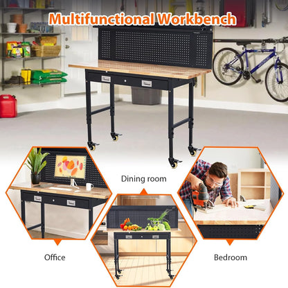 Workbench Adjustable Heavy-Duty 60" L X 22" W Workbench with Power Outlet, Drawers, Pegboard, and Wheels – 2200 Lbs Capacity Rubber Wood Top, Rolling Work Benchesfor Garage, Workshop, Home, Office