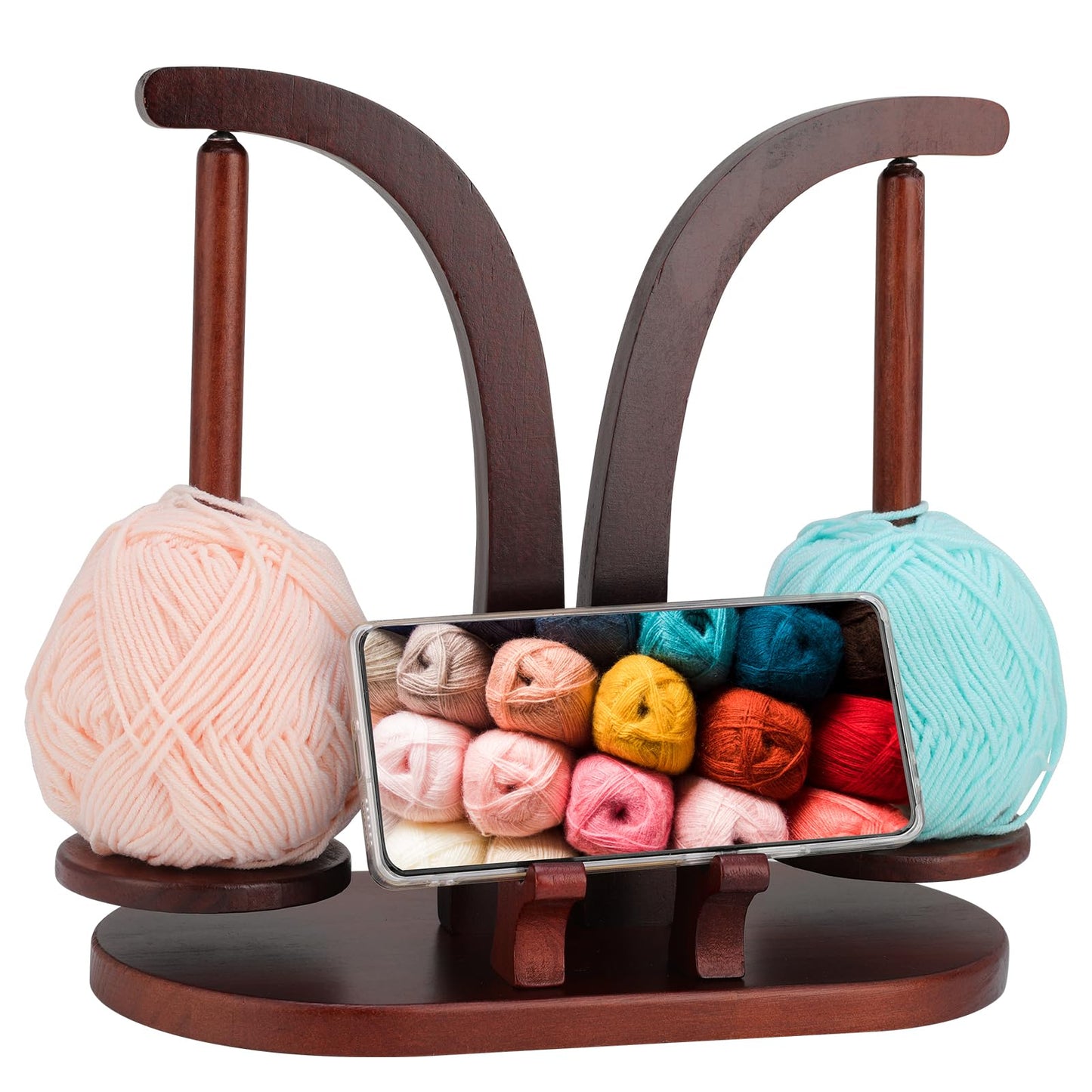 Ovveroche Magnetic Yarn Holder for Crocheting and Knitting, Magnetic Rotating Wooden Yarn Spinner with Crochet Accessories Storage and Phone Stand for Crochet Gifts for Crochet Knitting Lovers