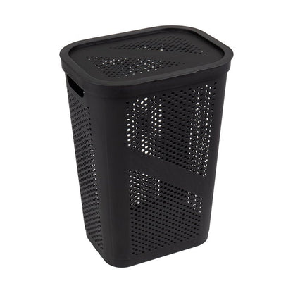Mind Reader Slim Laundry Hamper with Lid, 60L Clothes Basket, Ventilated Plastic, Black