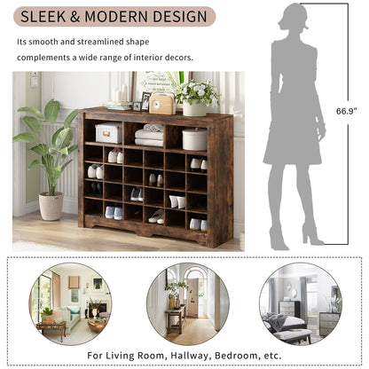 Merax Sleek Design 24 Shoe Cubby Console, Modern Storage Cabinet with Curved Base, Versatile Sideboard for Hallway, Bedroom, Living Room, Rustic Brown