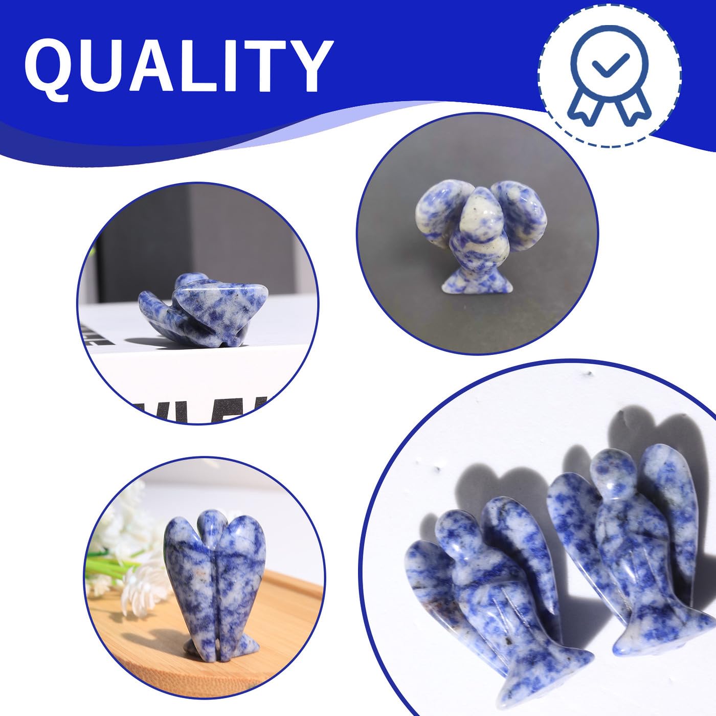 QINJIEJIE Blue White Sodalite Crystals Angel Guardian Statue, Hand Carved Natural Stone Peace Angel Healing Gemstones Figurines, Room and Office Decorations, Gifts for Women
