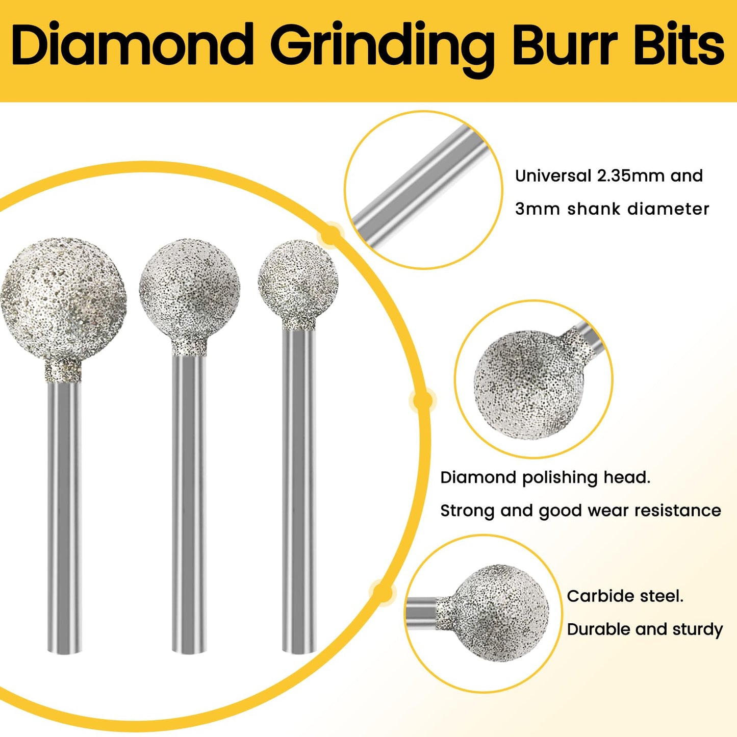 Stone Carving Set Diamond Burr Bits Compatible with Dremel, 20PCS Polishing Kits Rotary Tools Accessories with 2.35mm 3mm Shank Round Shape for Carving, Engraving, Grinding, Stone, Rocks, Jewelry