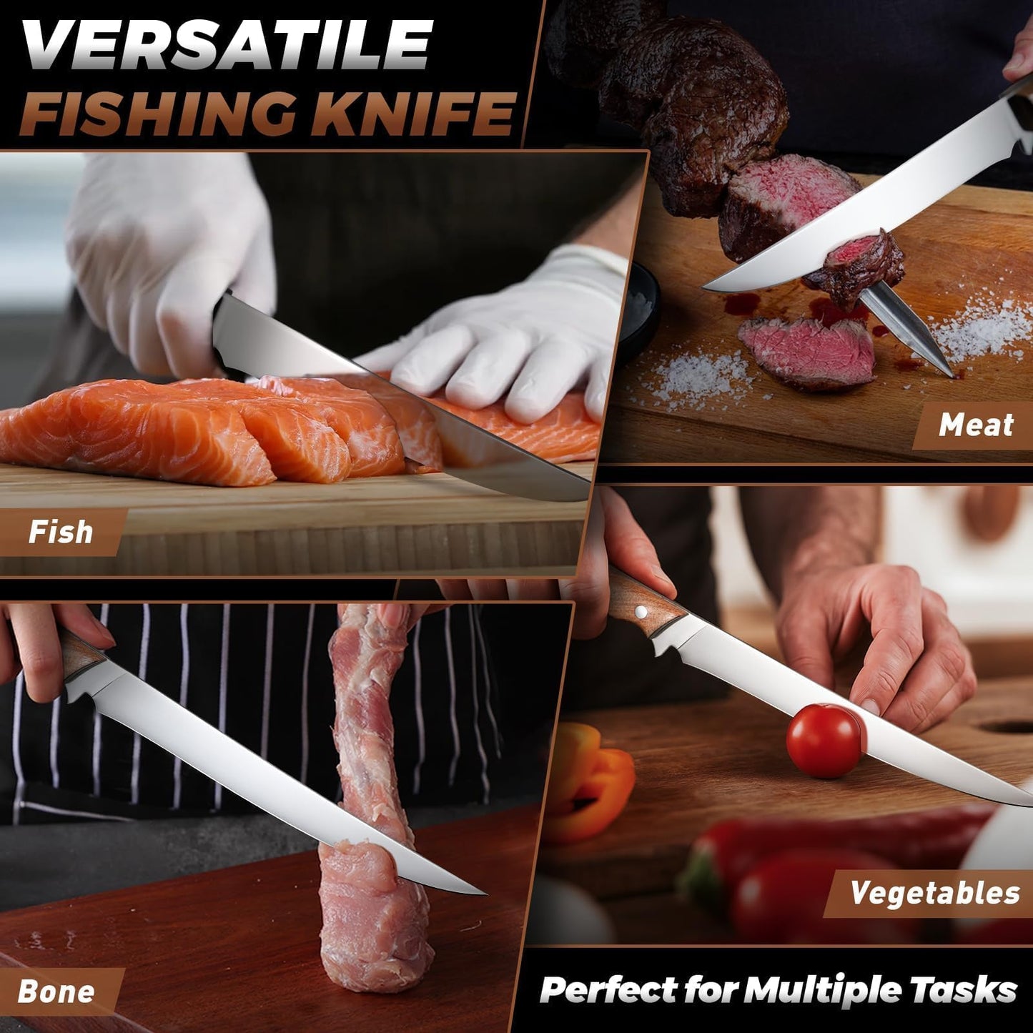 TAN REN Fillet Knife for Fish 9 Inch, Professional Stainless Steel Fishing Knives with Sheath for Filleting and Cleaning, Full Tang Filet Knife for Meat with Ergonomic Wood Handle, Father's Day Gift