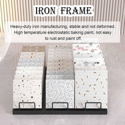 Floor tile sample rack,Heavy Duty Floor Tile Display Rack - Metal & Wooden Vertical Sample Holder, Perfect for Craft Shows, Oblique Insertion Design for Efficient Tile Storage