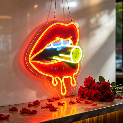 Red Lips Neon Sign, Dimmable LED Sign for Wall Decor, Sexy Lips Light Up Sign for Bedroom Makeup Room Bar Club Party, 15.9 x 12.6" Vibrant UV Print Acrylic Art Neon Lights for Wall, USB Powered