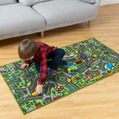 12 Set JOYIN Kids Play Rugs - Pull-Back Vehicle - Durable Carpet Playmat Rug - City Pretending Play - Toddler Car Track