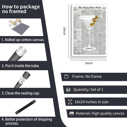 Generic 70's 16x24in Trendy Green Martini Canvas Wall Art Vintage Newspaper Retro Bar Cart Aesthetics Poster Funky