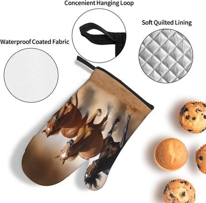 Oven Mitts and Potholders, Animal Horse Elegant Running Horse in Desert Sand Storm Baking Glove and Pot Holder, 3-Piece
