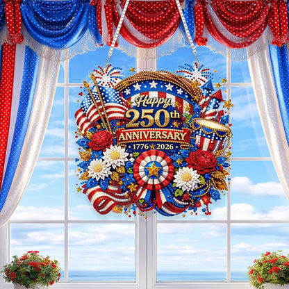 Eiflow Acrylic Diamond Art Hanging Kit for Adults 4th of July Wreath, DIY Diamonds Painting Door Hanger Board Kit, Special Crystal Diamond Art Painting Pendant Ornament (Happy 250th Anniversary)