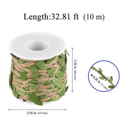 YUENPUN 328 Ft 5MM Burlap Leaf Ribbon, 10 Rolls 33 Ft Natural Jute Twine Rope, Jute Twine with Green Leaves Ply Braided Burlap Ribbon Artificial Leaves Vine Rope for Wedding, Party, Garden Decor
