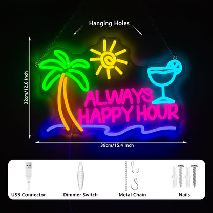 NINSNINT Always Happy Hour Neon Sign, Dimmables Beach Neon Signs for Wall Decor, Palm Tree Led Light Up Signs for Bedroom Bar Club Pub Man Cave Restaurant Party Decorations