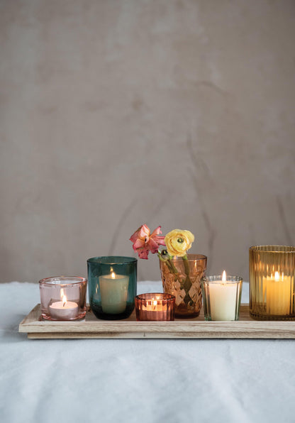 Creative Co-Op Round Glass Votive Holders on Wood Tray, Yellows & Greens, Set of 9