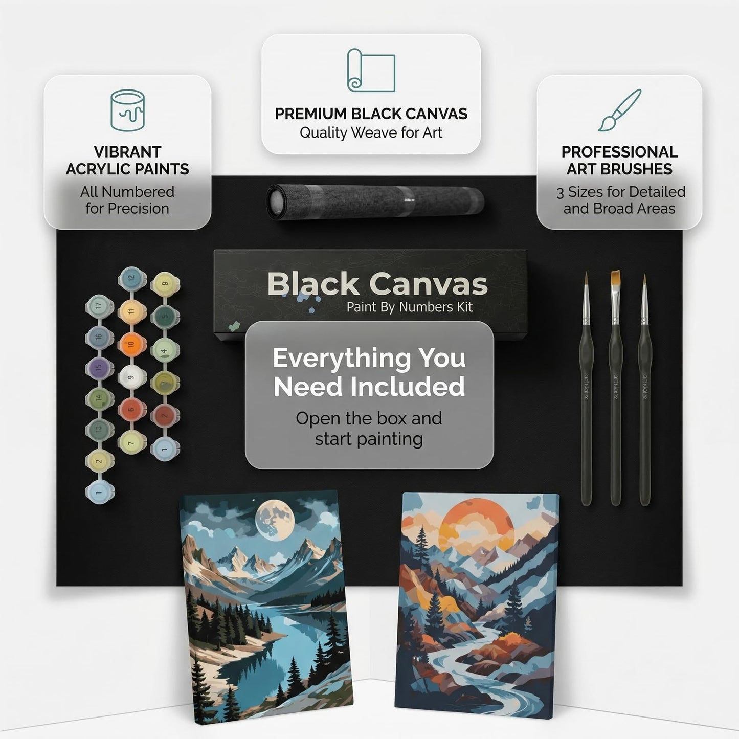 Artellaire 2 Pack Paint by Numbers Kit for Adults 12" x16” Black Canvas for Painting Kit in A Colorful Box with Precision Paintbrushes and Acrylic Paints. Mountain Lake and Sunset (Without Frame)