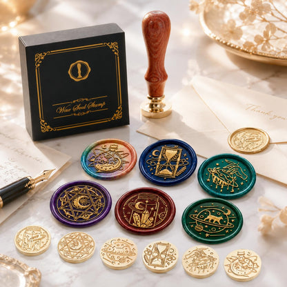 SWANGSA Magic Space Wax Seal Stamp Gift Box Set, Vintage 6 Sealing Stamp Heads + 1 Wooden Hilt, Wax Stamp Kit for Party Invitations, Envelops, Cards and Gift Packaging (Magic Space)
