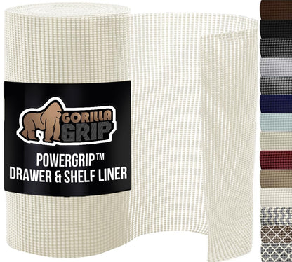 GORILLA GRIP powerGRIP Drawer Shelf and Cabinet Liner, Thick Strong Hold, Non-Adhesive Liners Protect Kitchen Cabinets and Cupboard, Bathroom Drawers, Easy Install, Breathable Mat, 12" x10', Beige