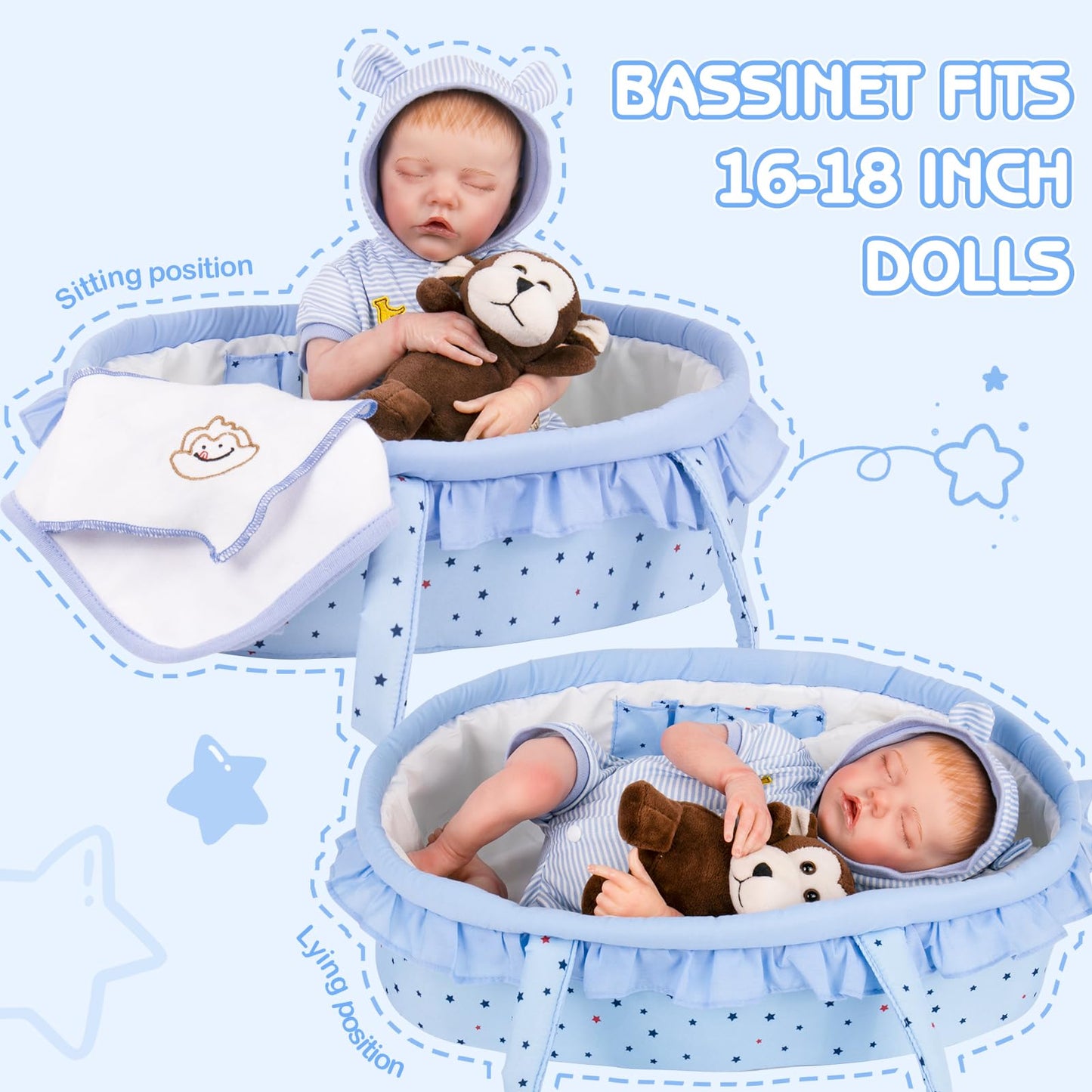 Aori 7 Pcs Reborn Baby Dolls Outfit Set with Bassinet Accessories for 16-18 Inch Newborn Doll, Blue Carrier Bed and Baby Clothes fit Newborn Doll