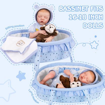 Aori 7 Pcs Reborn Baby Dolls Outfit Set with Bassinet Accessories for 16-18 Inch Newborn Doll, Blue Carrier Bed and Baby Clothes fit Newborn Doll