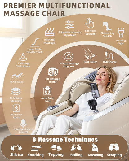 RelaxRelife 4D Full Body Massage Chair with Flexible 166° Track, Reading Light, 18 Massage Modes, 11 Techniques, 36 Airbags, Zero Gravity Recliner with Yoga Stretch and Foot Massage Beige