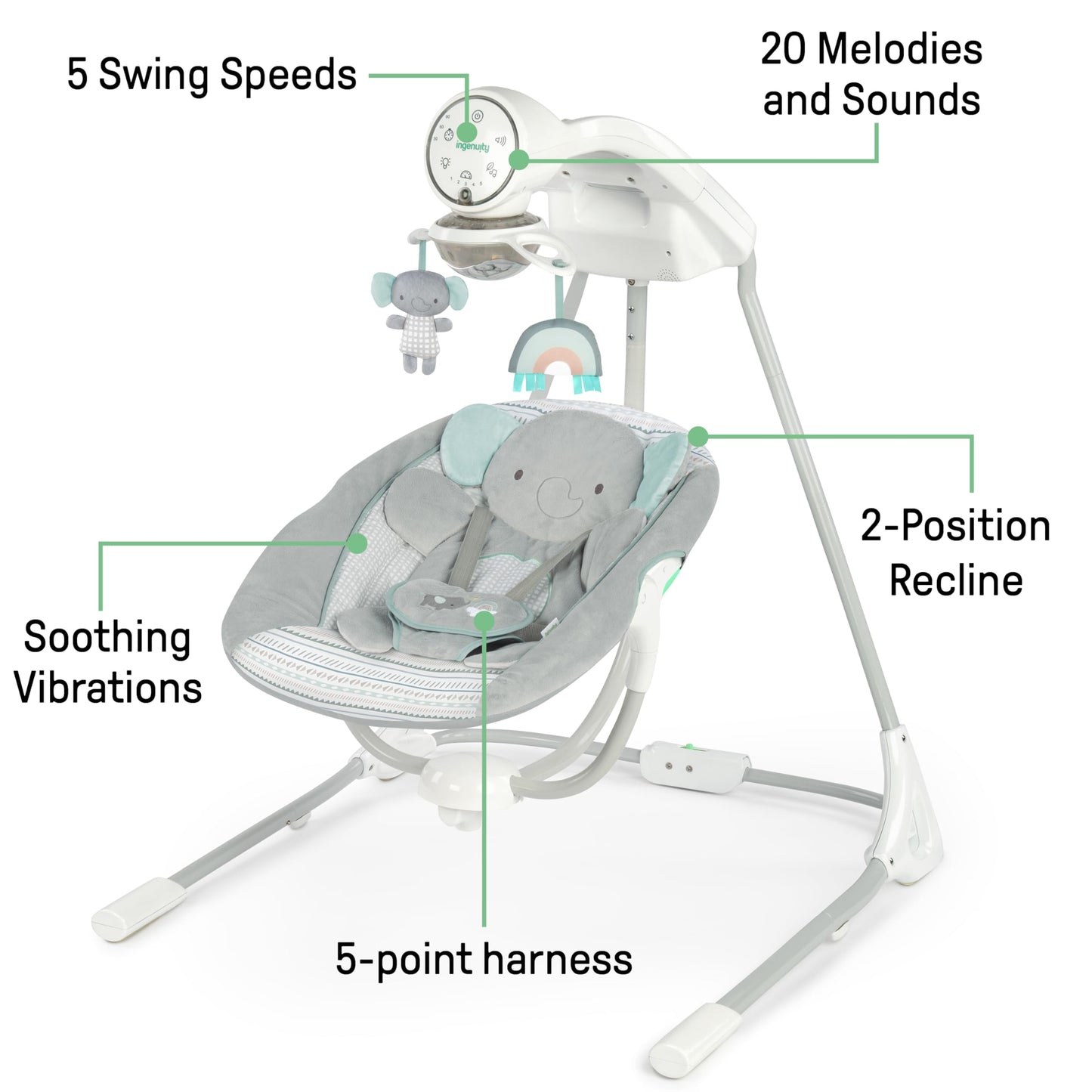 Ingenuity InLighten 5-Speed Baby Swing - Swivel Infant Seat, 5 Point Safety Harness, Nature Sounds, Lights - Van Elephant