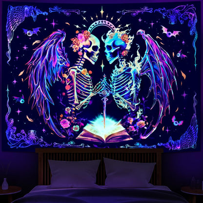 Heopapin Blacklight Trippy Skull Tapestry UV Reactive Gothic Skeleton Wall Hanging Tapestries Fantasy Neon Wing Glow in the Dark Party Poster Magical Galaxy Space Tapestry for Bedroom