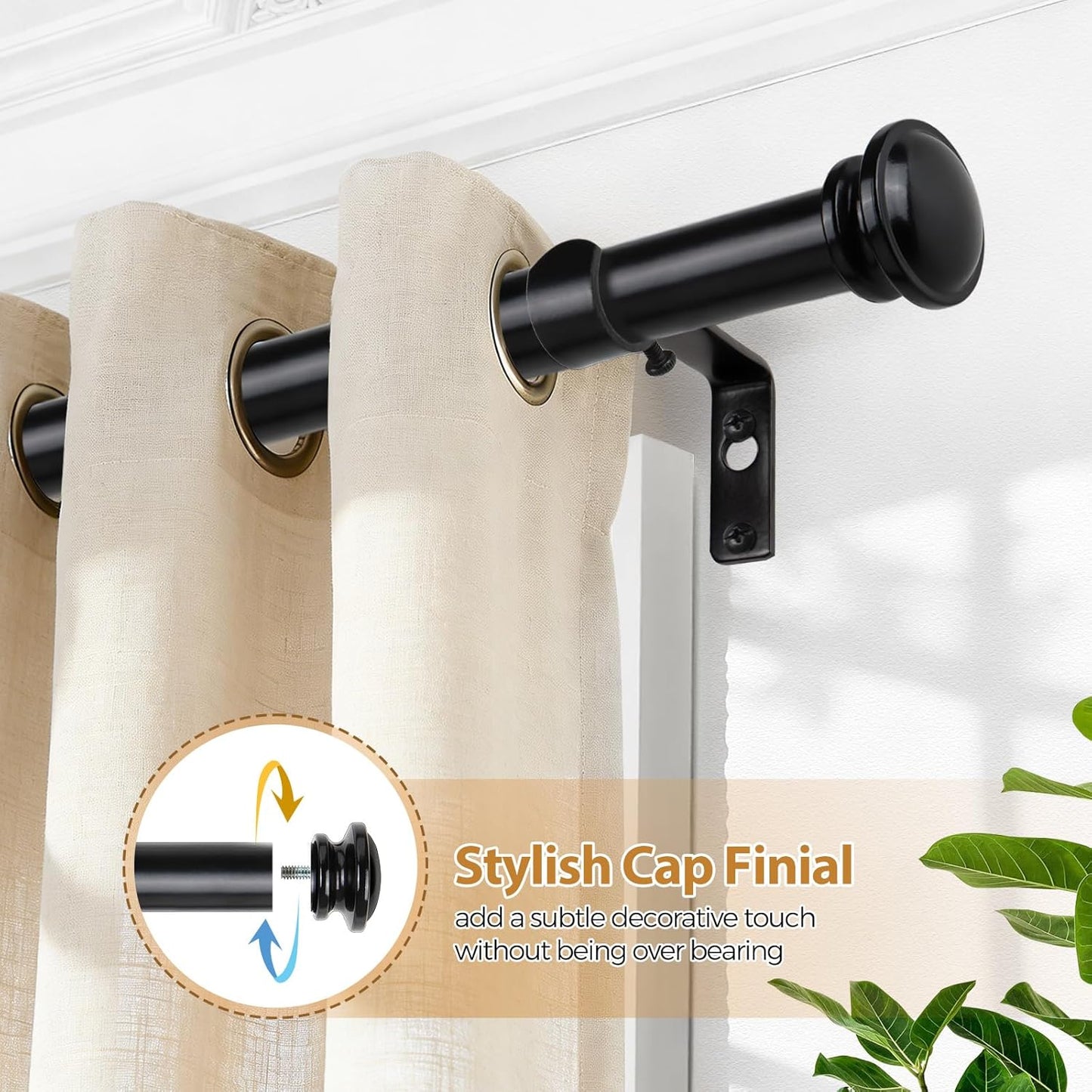 TONIAL Curtain Rod - Telescoping 3/4" Drapery Rod for Windows 20-53 Inch | Black Finish, Decorative Design