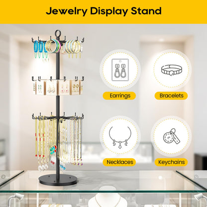 ORLESS 3 Tier Rotating Jewelry Display Stand, Keychain Display Stand with 36 Hooks, Black Metal Retail Display Spinning Holder for Vendor, Spinning Display Rack for Necklace Bracelet Earring Organizer