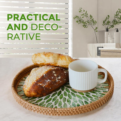 Round Rattan Tray with Mother of Pearl Inlay, Wicker Serving Tray Mother for Decor, Rattan Round Wicker Coffee Table