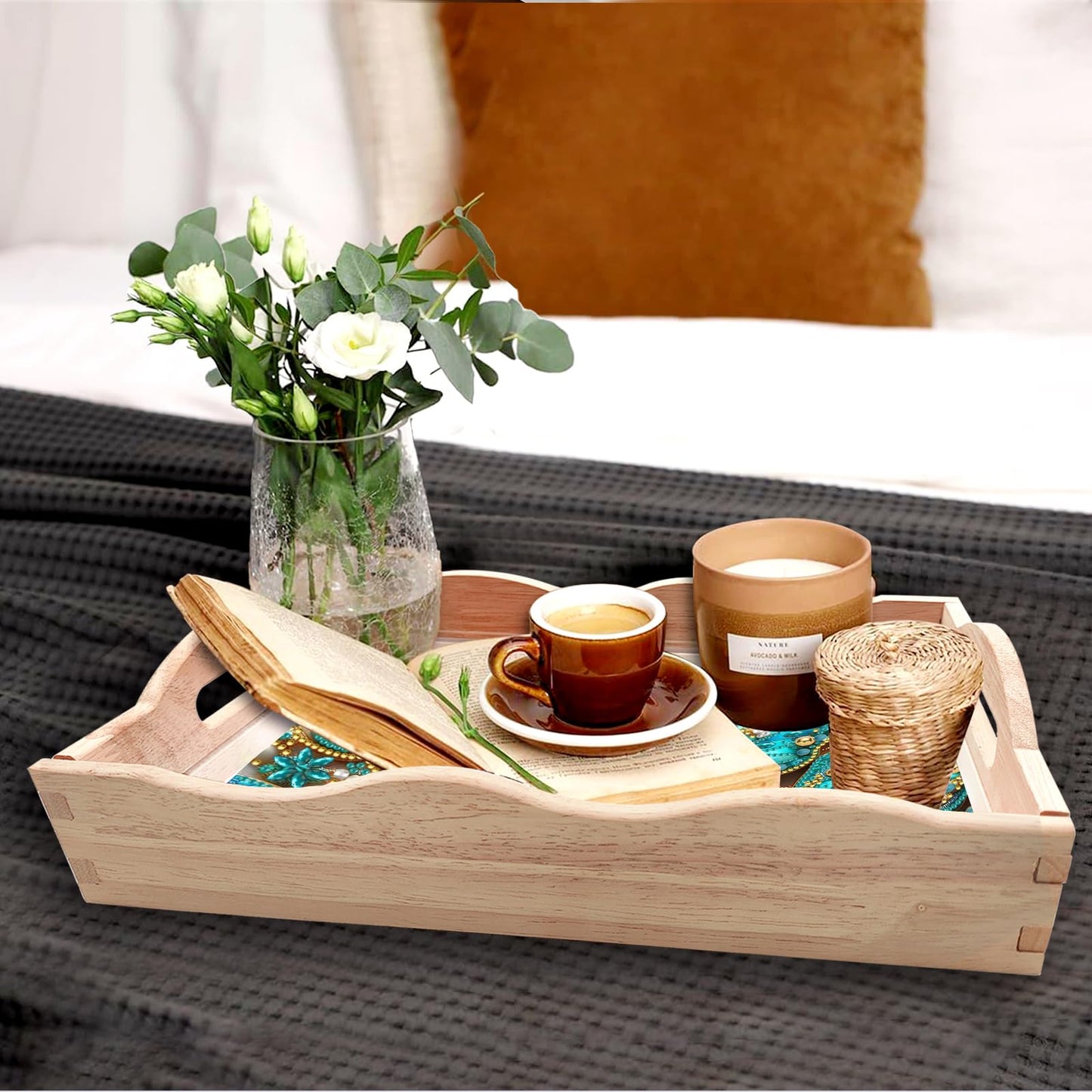 ARTopet DIY Diamond Art Painting Creative Design Handmade Wooden Serving Tray Dinner Plate Partial Diamond Art Breakfast Tray for Coffee Living Room Home Organizer - Green Butterfly