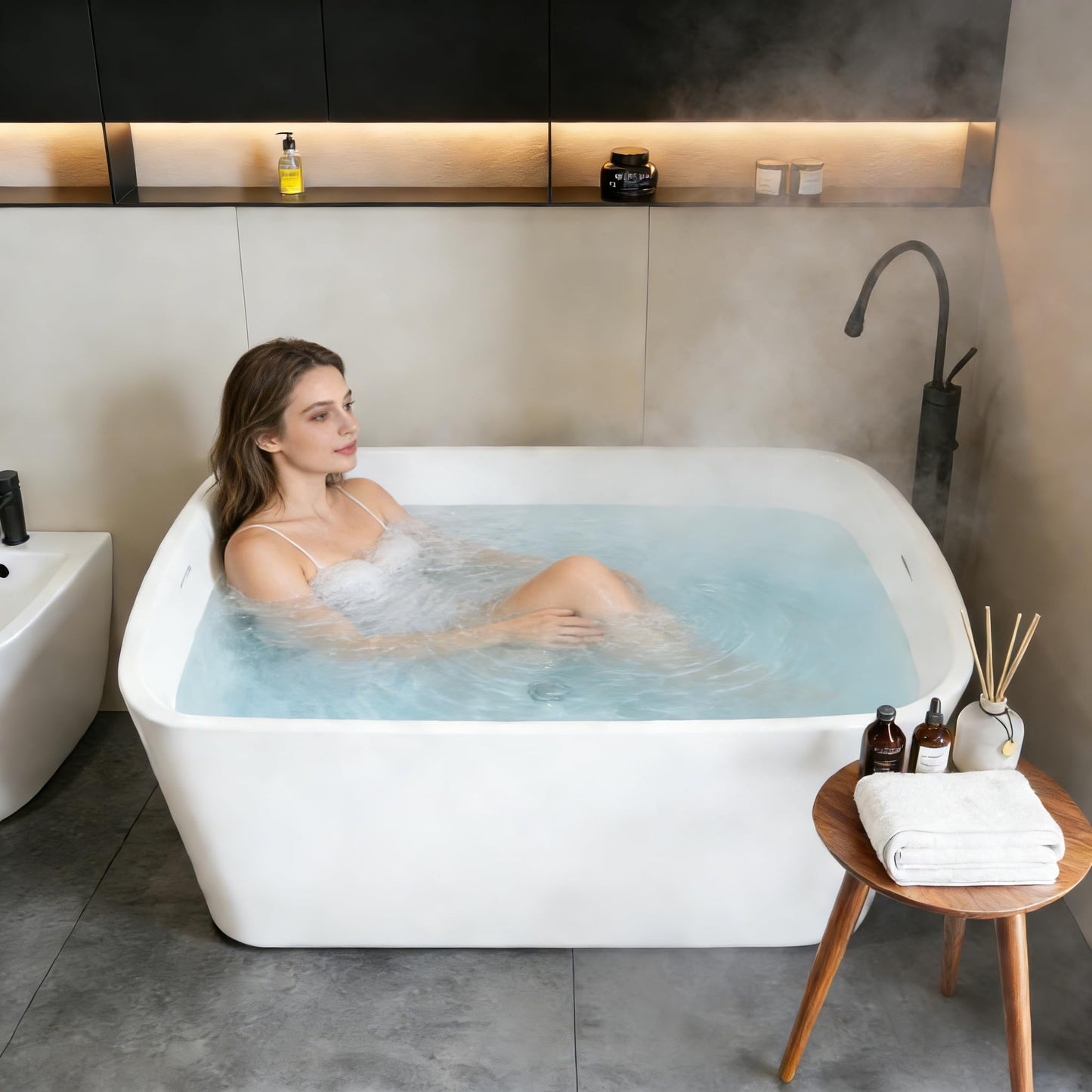 49" Acrylic Freestanding Soaking Bathtub, Matte Black Drain & Overflow, Modern Design Unique Tub for Home Bathroom Renovations, Glossy White