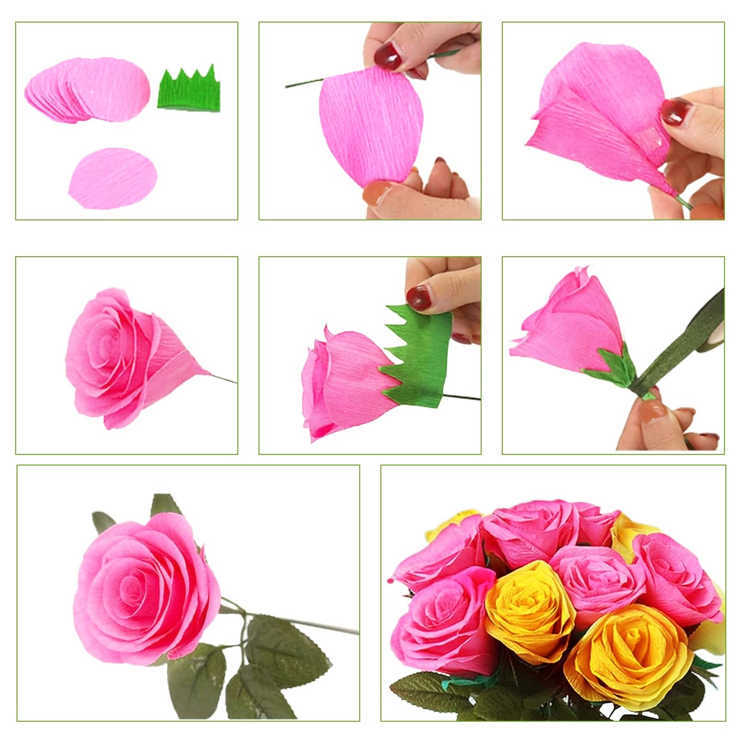 57pcs 6 Rolls Crepe Paper DIY Flower Making Kit, Size 10" x 98" Craft Streamers Include Floral Tape & Stem Wire for Wedding, Party, Festival Decorations for Gift Wrapping & Paper Flowers